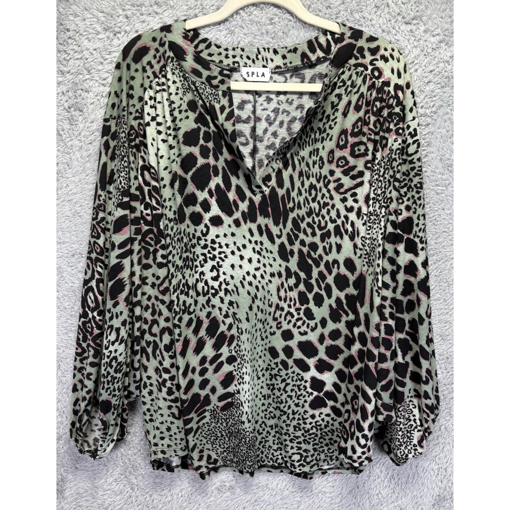 Women 3X Top V Neck Long‎ Sleeve Casual Green Pink Leopard Print Shirt Loose Fit